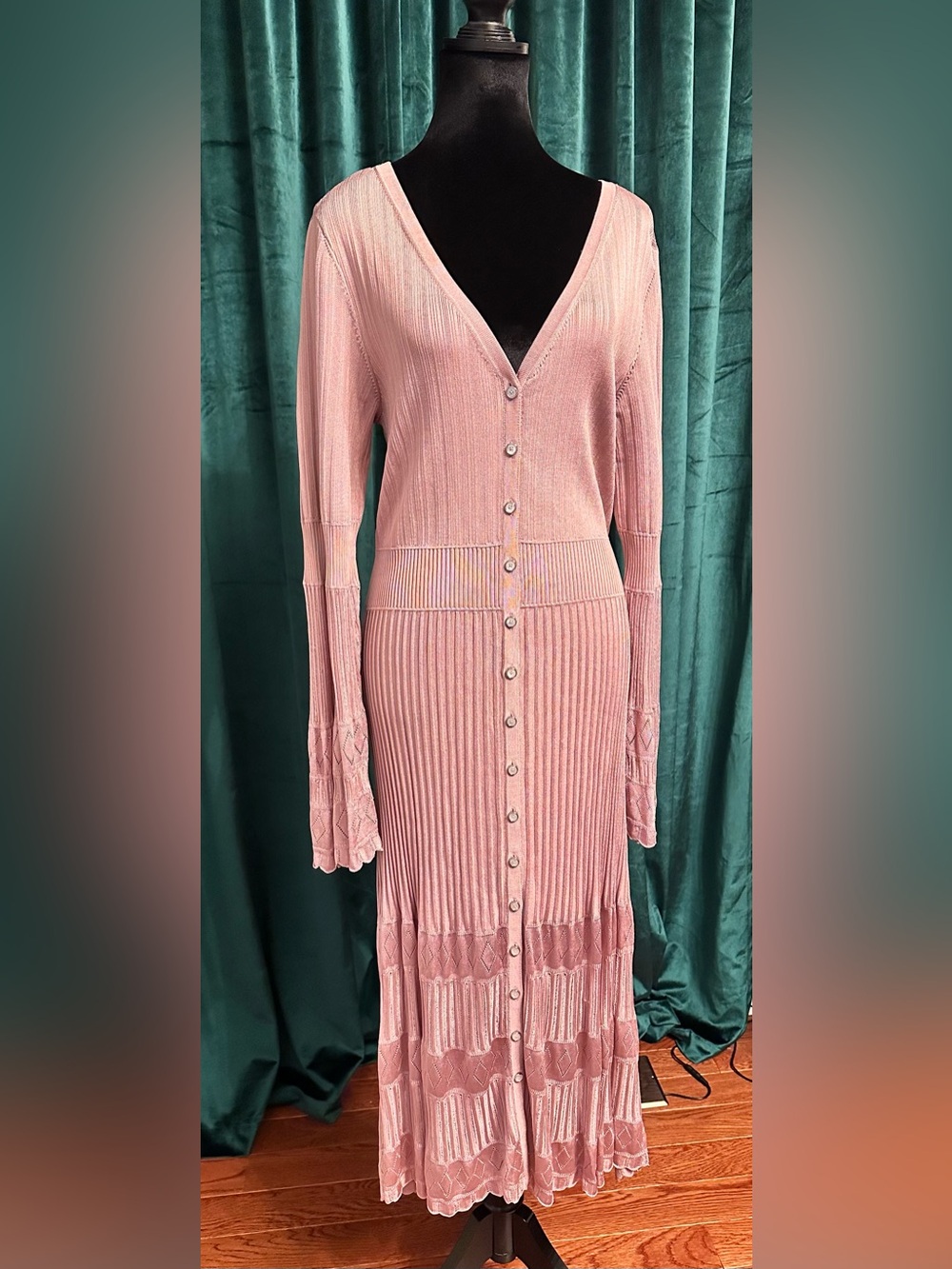 Elegant Dusty Rose Button-Front Ribbed Knit Dress-NWT